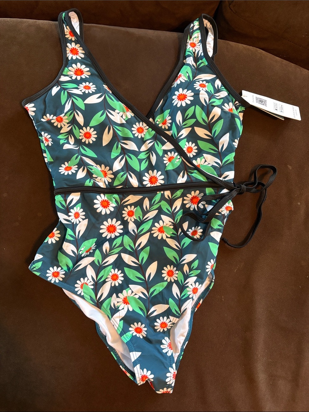 Cupshe Navy Floral Wrap One-Piece Swimsuit with Green Leaves and Orange Centers